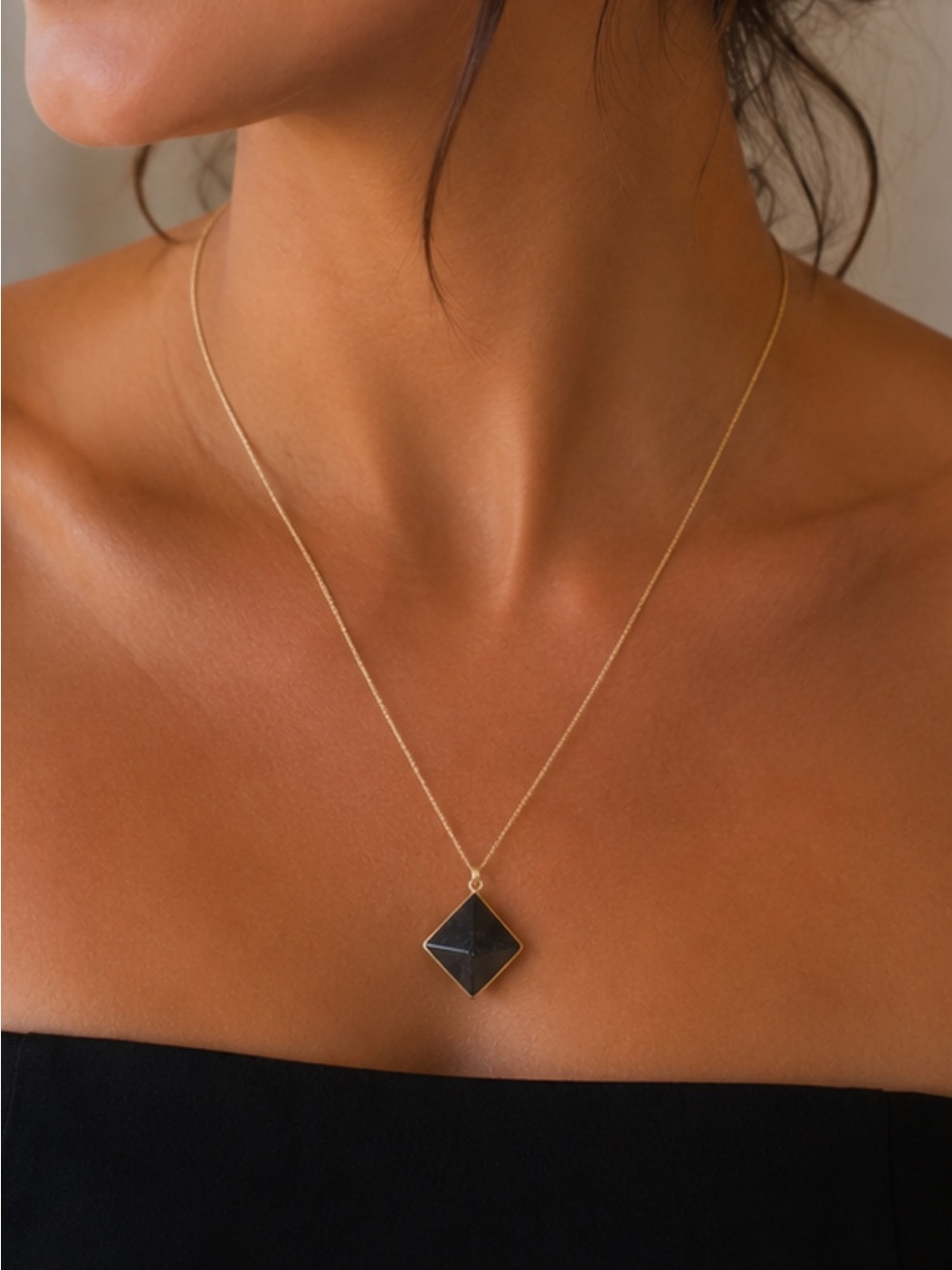Gold Chain Necklace with Black Pyramid Pendant - Elegant Women's Jewelry